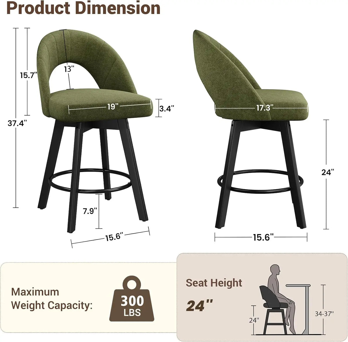 Bar Height Bar Stools Set of 2, 30 Inch Mid Century Modern Barstools Upholstered PU Leather Swivel Bar Stools with Arms