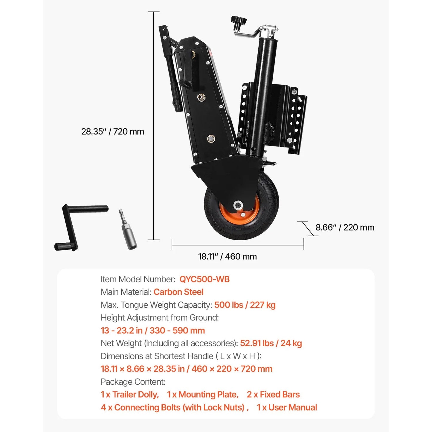VEVOR 500lbs Tongue Boat Trailer Dolly 13in-23.2in Height Adjustable Manual or Electric Wrench Drive RVs Mover for Cargo Moving WardBoyzPROShop