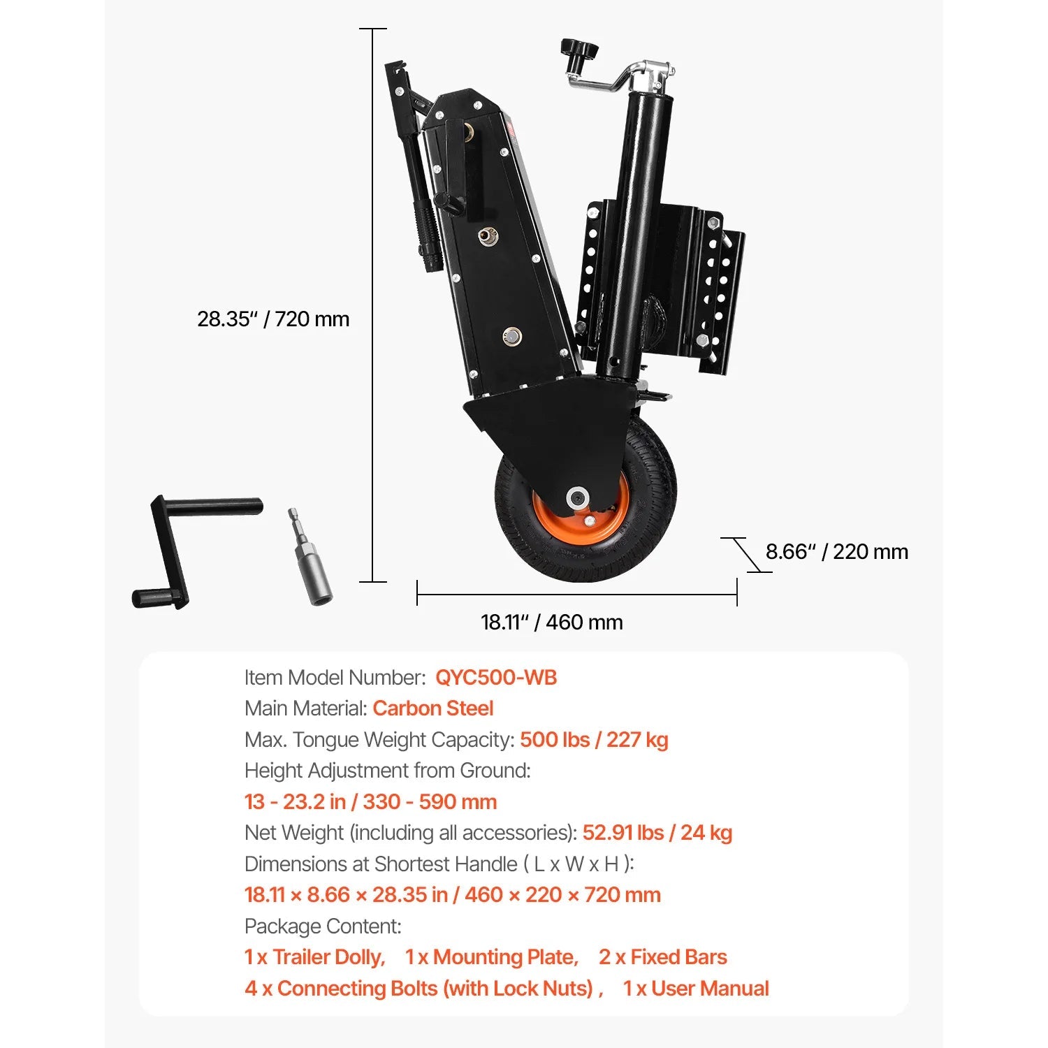 VEVOR 500lbs Tongue Boat Trailer Dolly 13in-23.2in Height Adjustable Manual or Electric Wrench Drive RVs Mover for Cargo Moving WardBoyzPROShop