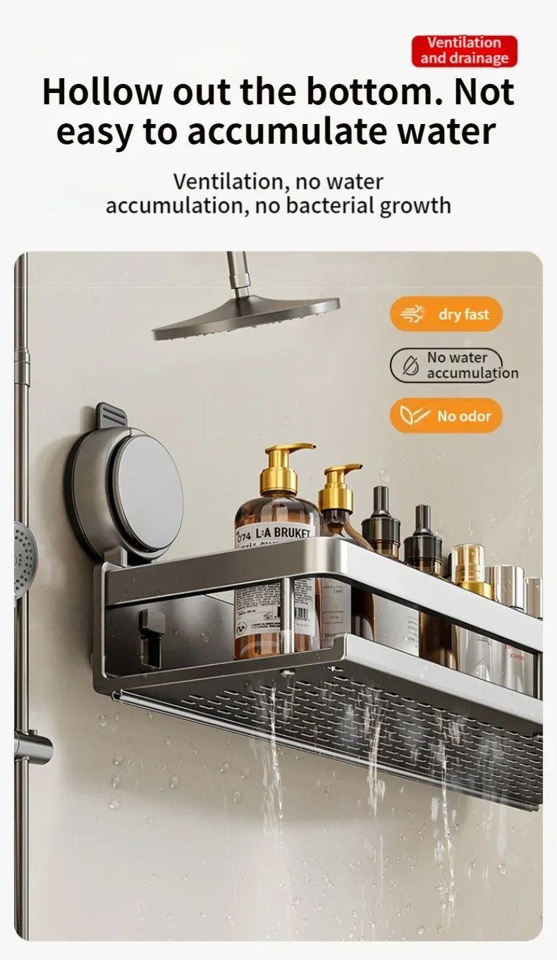 No Drill Bathroom Shelf with Suction Cup Waterproof Aluminum Storage Rack Shower Organizer for Shampoo Soap Toiletries