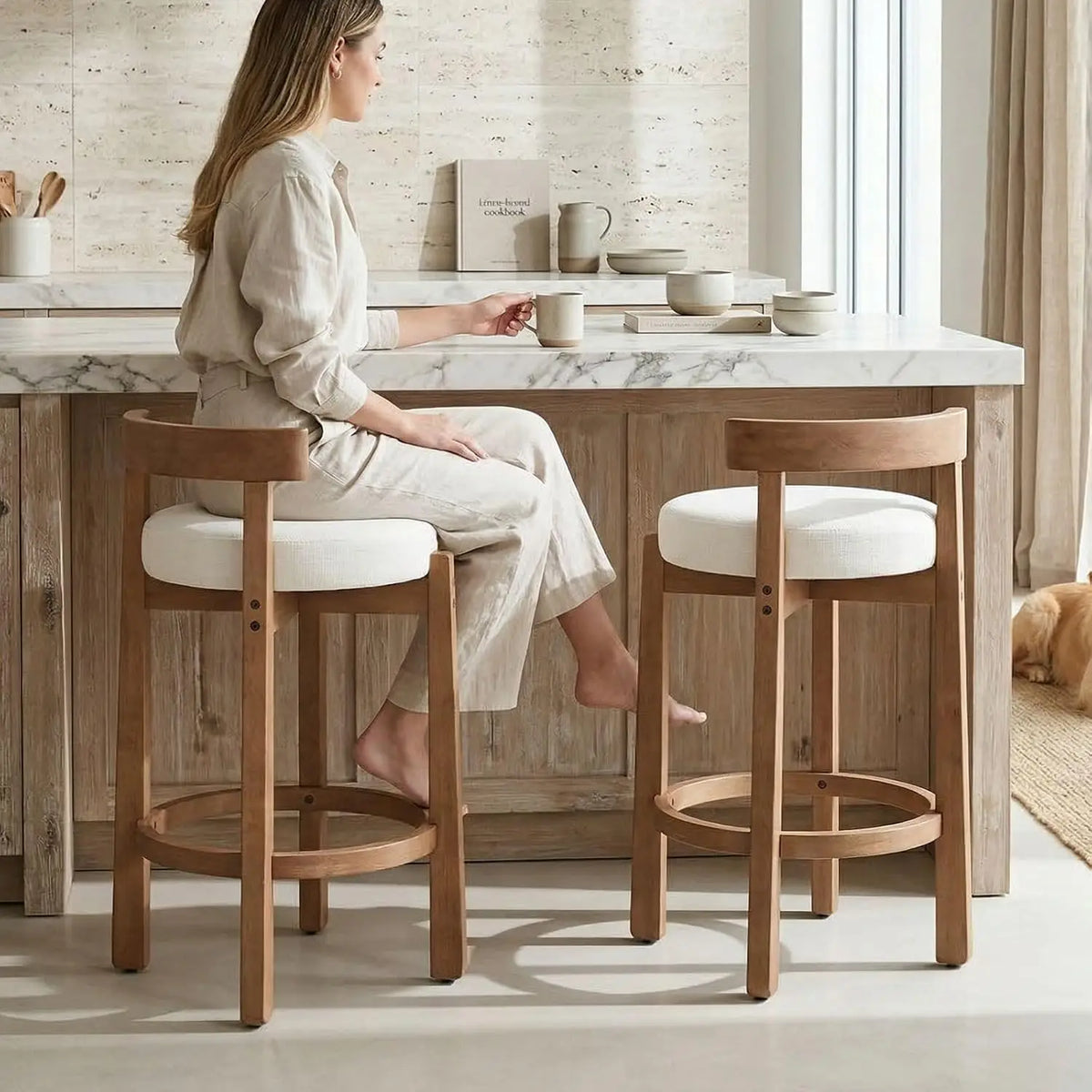 Counter Height Bar Stools 26" Round Barstools Set of 2, Modern Faux Leather Counter Stools with Black Metal Legs, Customized