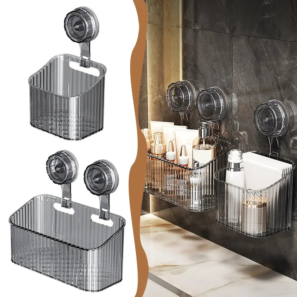 No Drill Suction Cup Shower Shelf - Transparent Bathroom Organizer Basket, Quick-Install Storage for Cosmetics & Toiletries