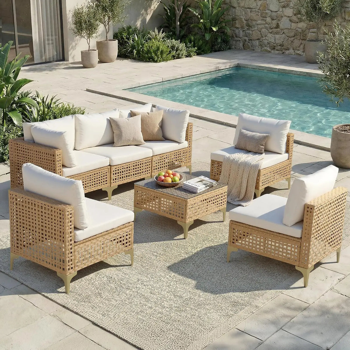 7-Piece Outdoor Wicker Sectional Sofa Set, Patio Garden Furniture, PE Rattan, Customized