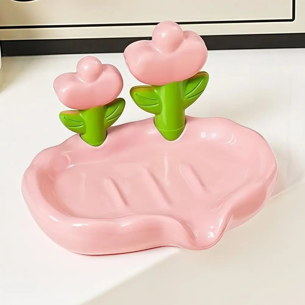 Tulip Design Drain Soap Dish No Drilling Required with Drainage Trough Soap Tray Solid Color Anti-slip Soap Storage Rack