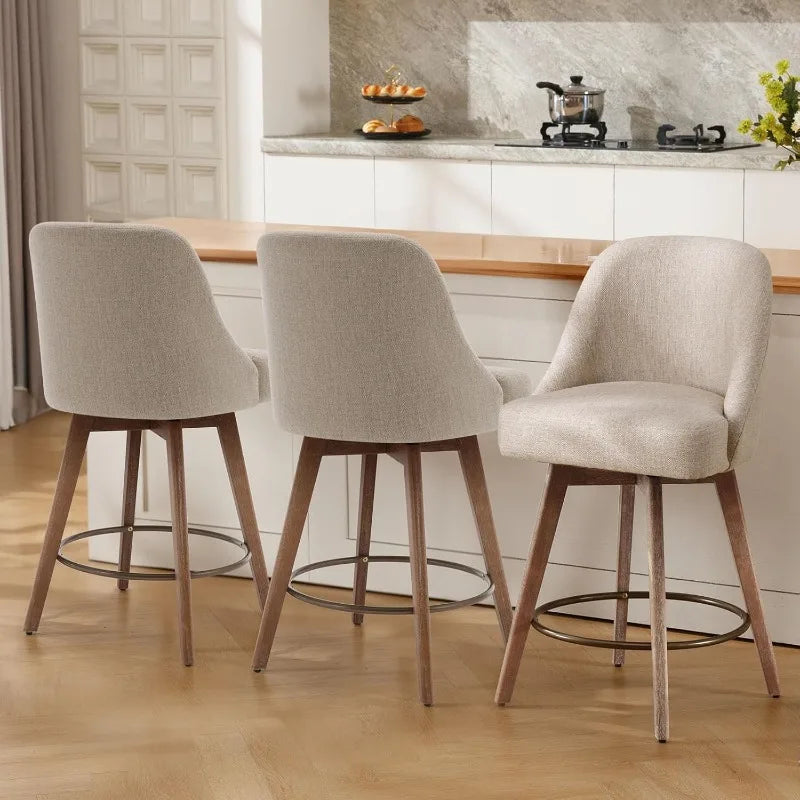 Bekrvio Counter Height Bar Stools Set of 3, Modern Mid-Century Swivel Barstools with Backs and Wood Legs, Linen Fabric
