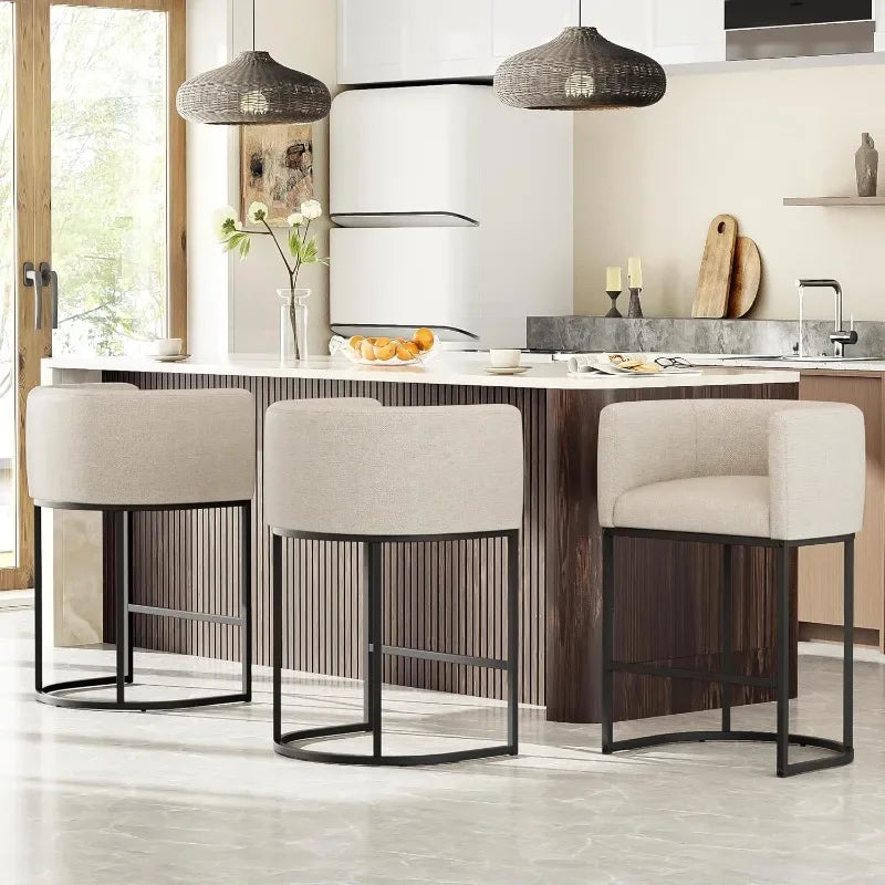 26" H Counter Height Bar Stools Modern Barrel Counter Stools with Backrest and Arms, Linen Fabric Upholstered Accent Barstools
