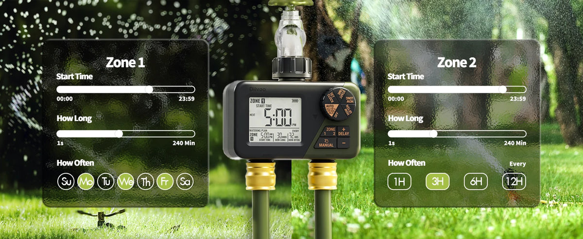 Diivoo Garden Water Timer 3 Zone Programmable Automatic Irrigation Timer with Rain Delay Manual/Auto Mode Watering for Lawn Yard
