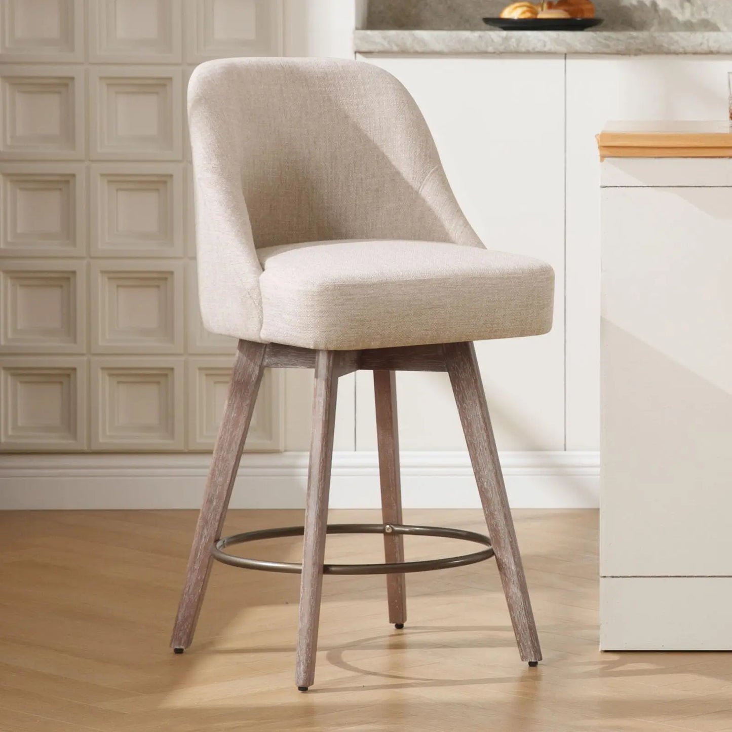 Bekrvio Counter Height Bar Stools Set of 3, Modern Mid-Century Swivel Barstools with Backs and Wood Legs, Linen Fabric