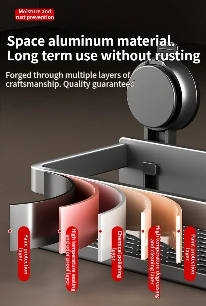 No Drill Bathroom Shelf with Suction Cup Waterproof Aluminum Storage Rack Shower Organizer for Shampoo Soap Toiletries