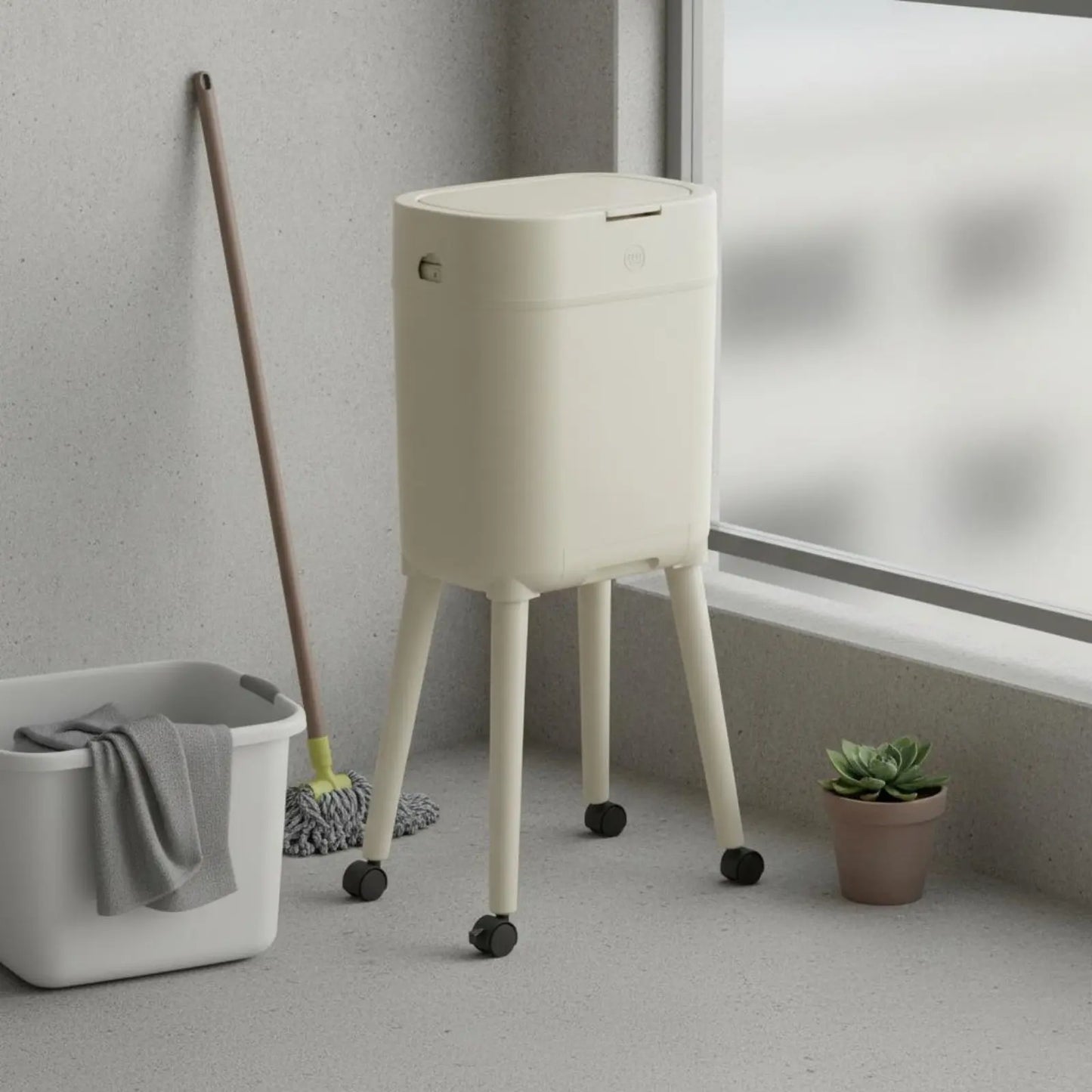 Tall Trash Can with Legs No-Bend Design Elevated Garbage Can on Wheels Rolling Waste Bin with Lid Large Capacity for Living Room