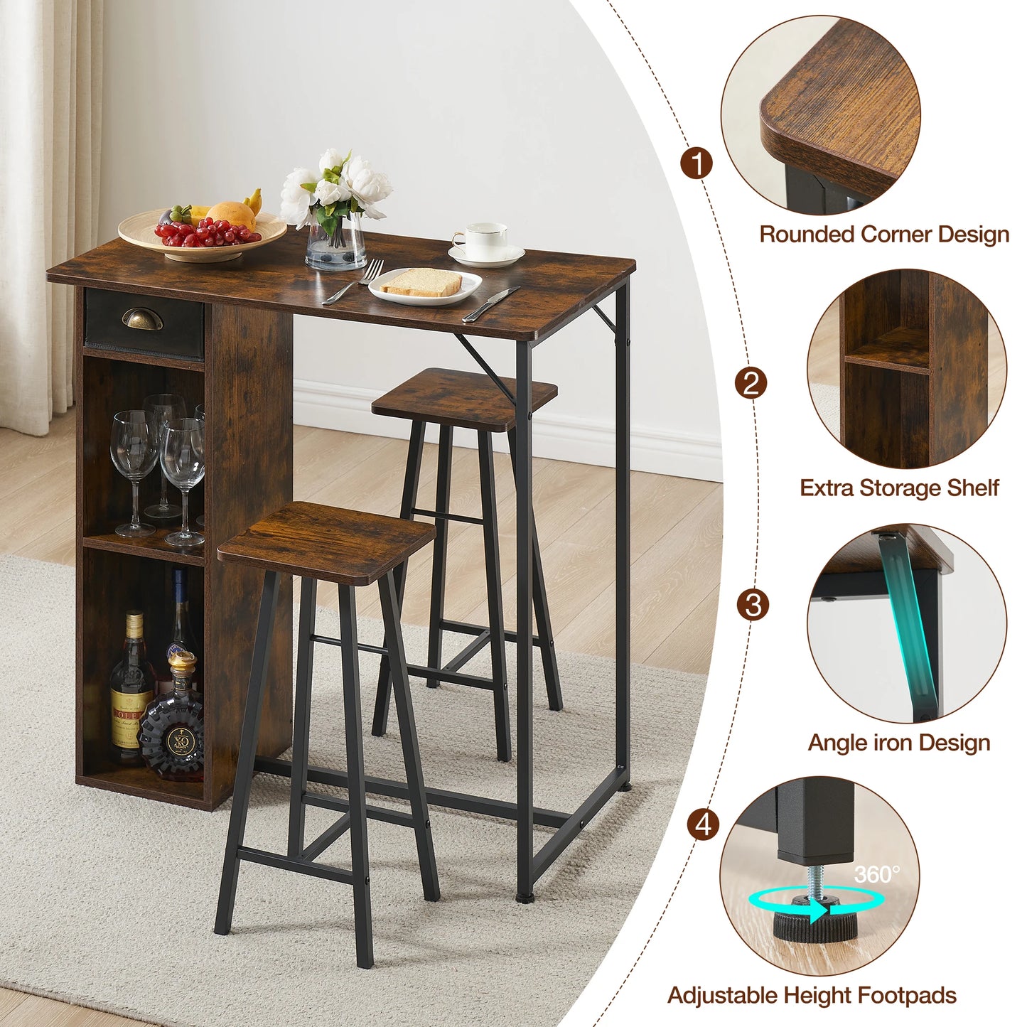 Versatile 3 Piece Dining Table Set with Storage Drawer & 3-Tier Shelf,Counter Height Table and 2 Barstools,Space-Saving