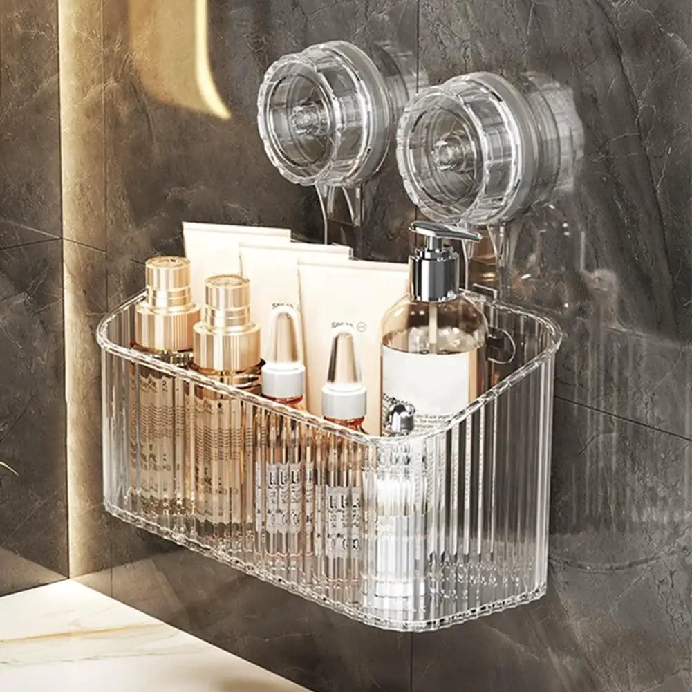 No Drill Suction Cup Shower Shelf - Transparent Bathroom Organizer Basket, Quick-Install Storage for Cosmetics & Toiletries