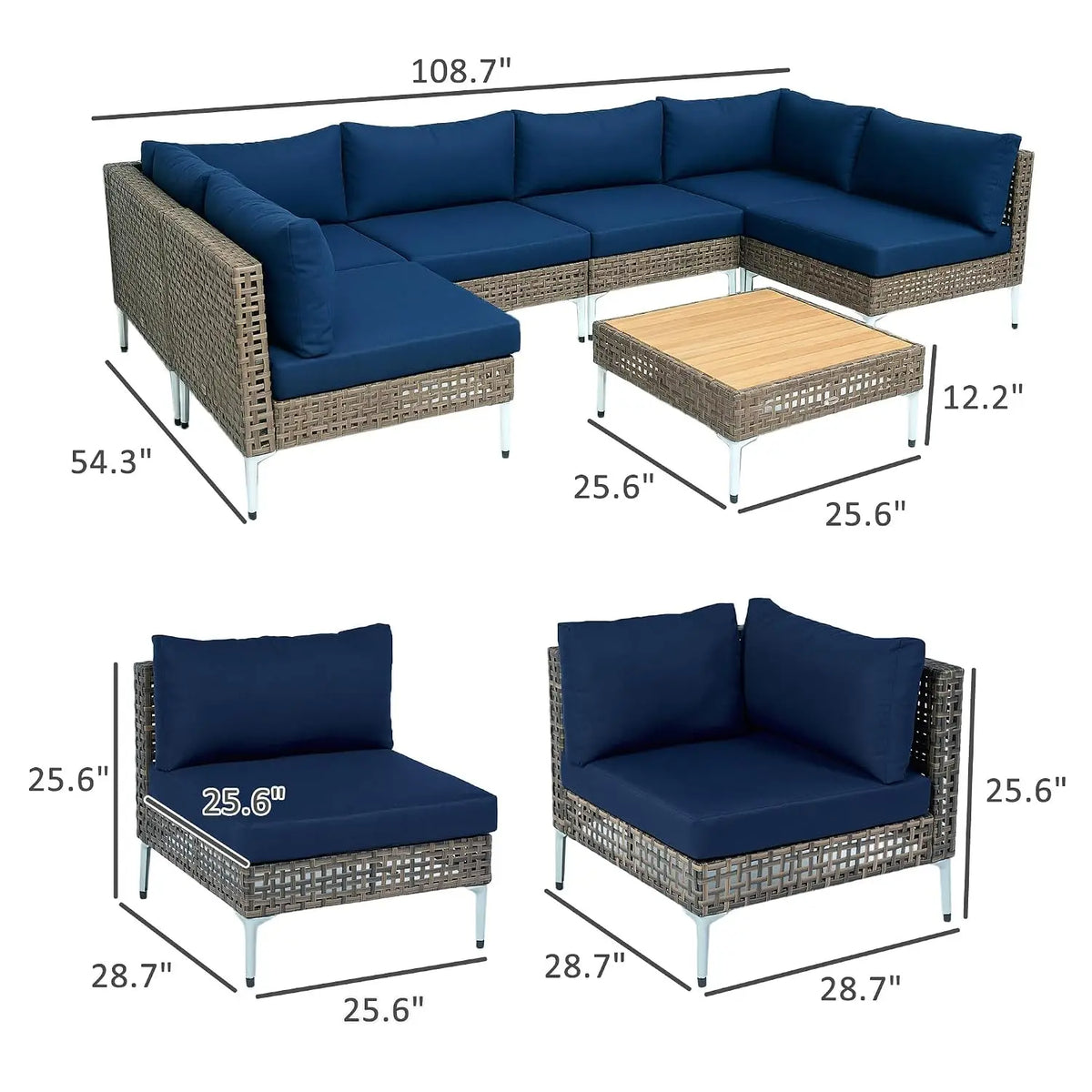 7 Piece Wicker Patio Furniture Set Modular Rattan Brown/Dark Blue | Outdoor Sectional, Thickened Cushions, Outdoor, Custom