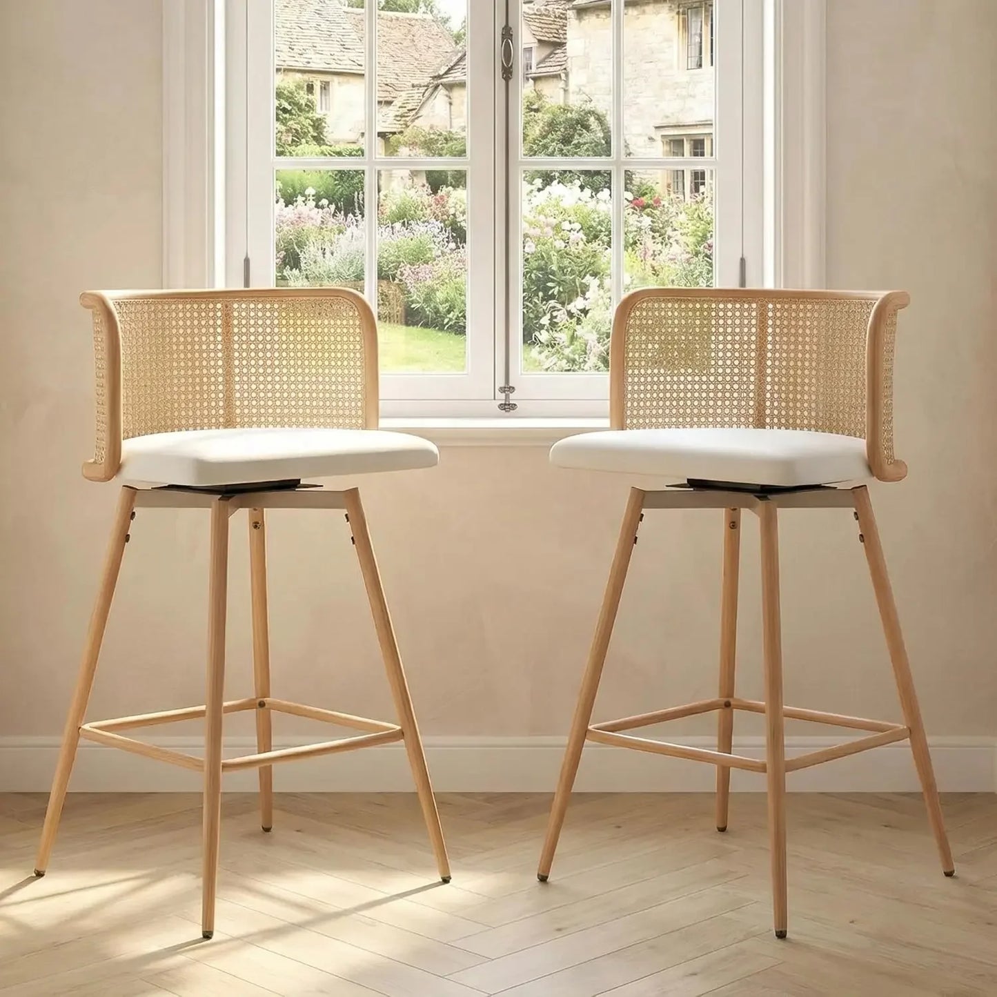 26" Swivel Rattan Bar Stools Set of 4, Counter Height Barstools, White |, Farmhouse, Mid-Century Modern, Natural, Rattan Woven