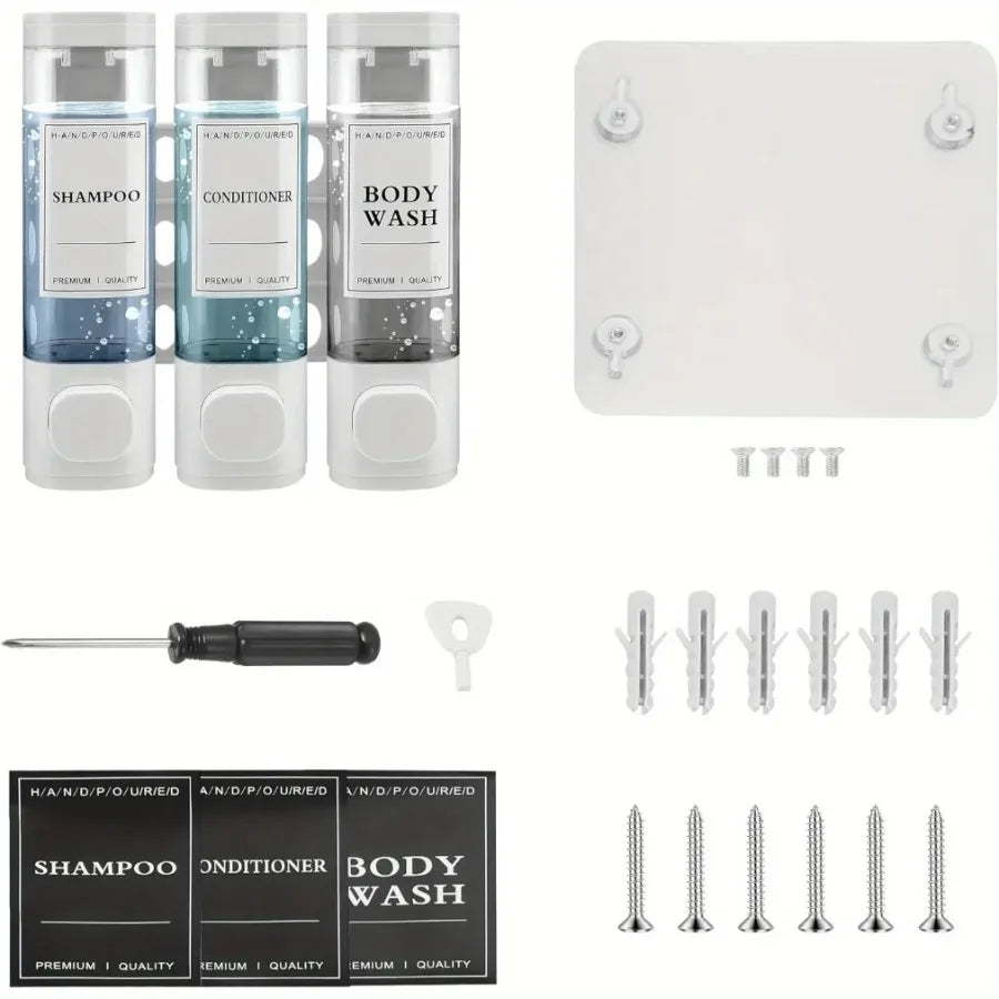 Wall Mounted 3 in 1 Soap Shower Gel Shampoo Conditioner Dispenser Set No Drill Required ABS Material for Bathroom Hotel Home