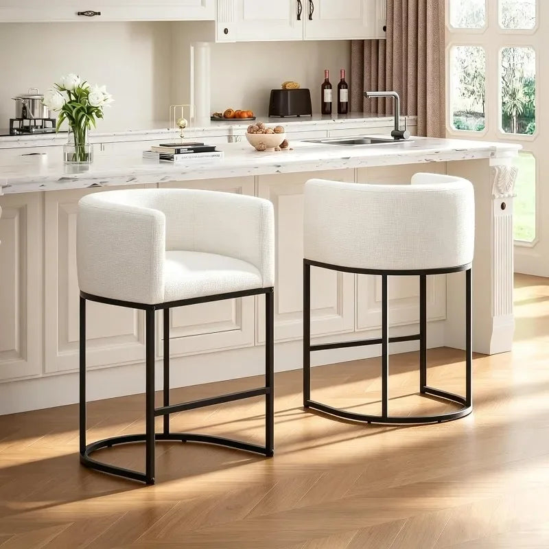 26" H Counter Height Bar Stools Modern Barrel Counter Stools with Backrest and Arms, Linen Fabric Upholstered Accent Barstools