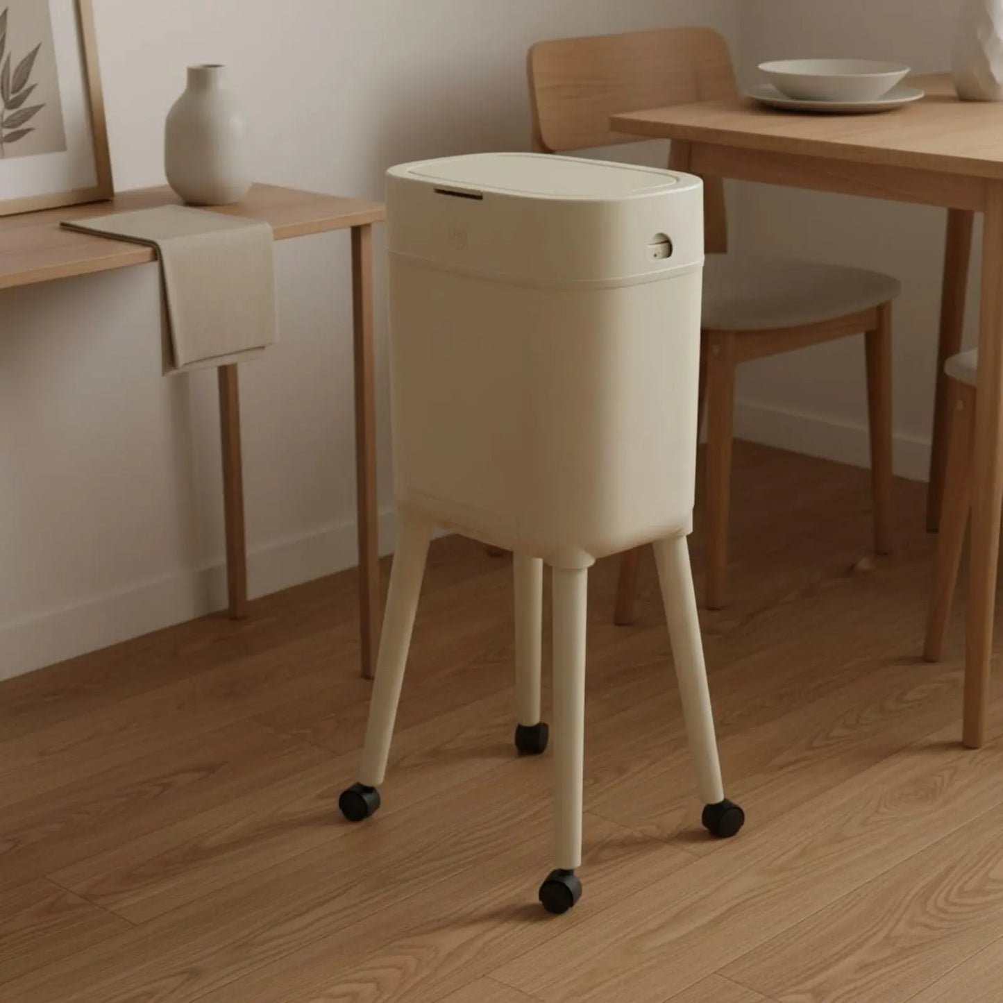Tall Trash Can with Legs No-Bend Design Elevated Garbage Can on Wheels Rolling Waste Bin with Lid Large Capacity for Living Room