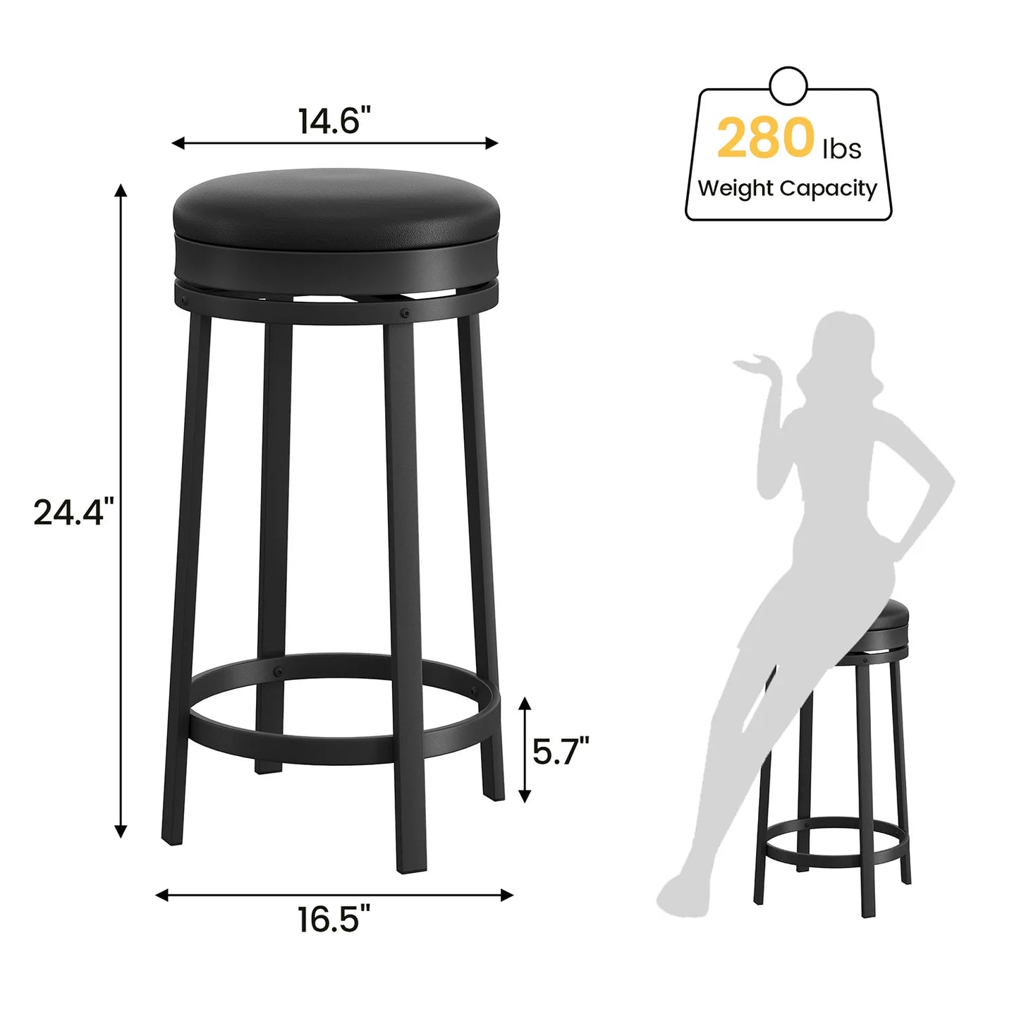 24'' Swivel Bar Stools Backless Modern Counter Height Barstools with PU Leather Upholstered and Metal Frame for Kitchen Island