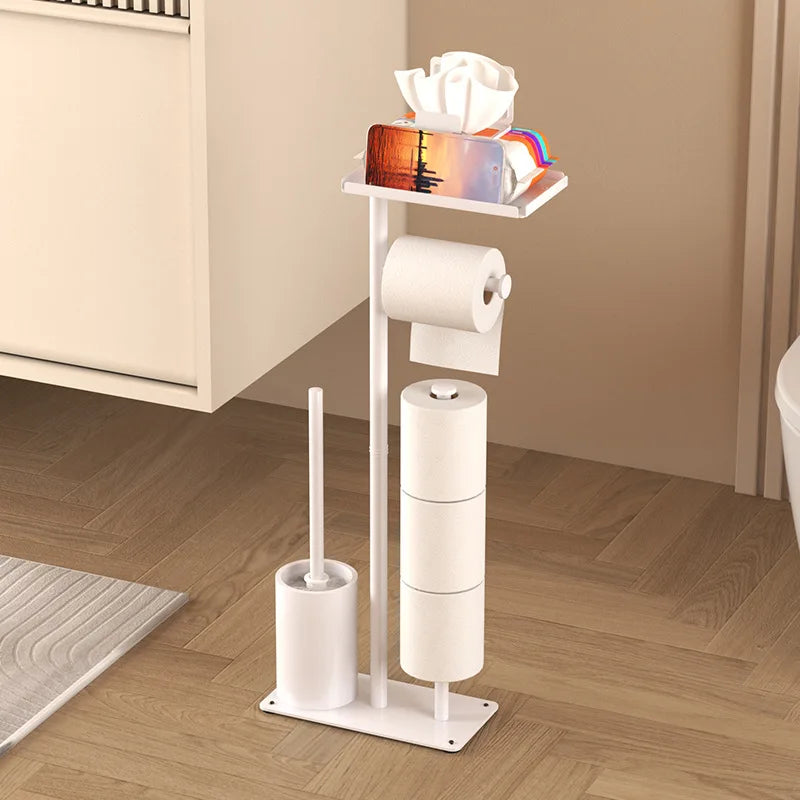 Floor-standing Tissue Holder Vertical Movable Toilet Paper Storage Rack Nail-Free Toilet Brush Holder Roll Paper Holder Bathroom