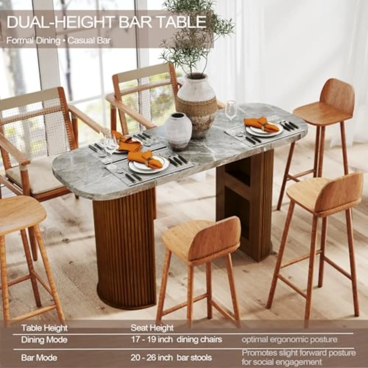 Fluted Counter Height Bar Table, 64in Home Bar Unit, High Top Table 2-6 Person Counter with Storage Marble Finish Tall