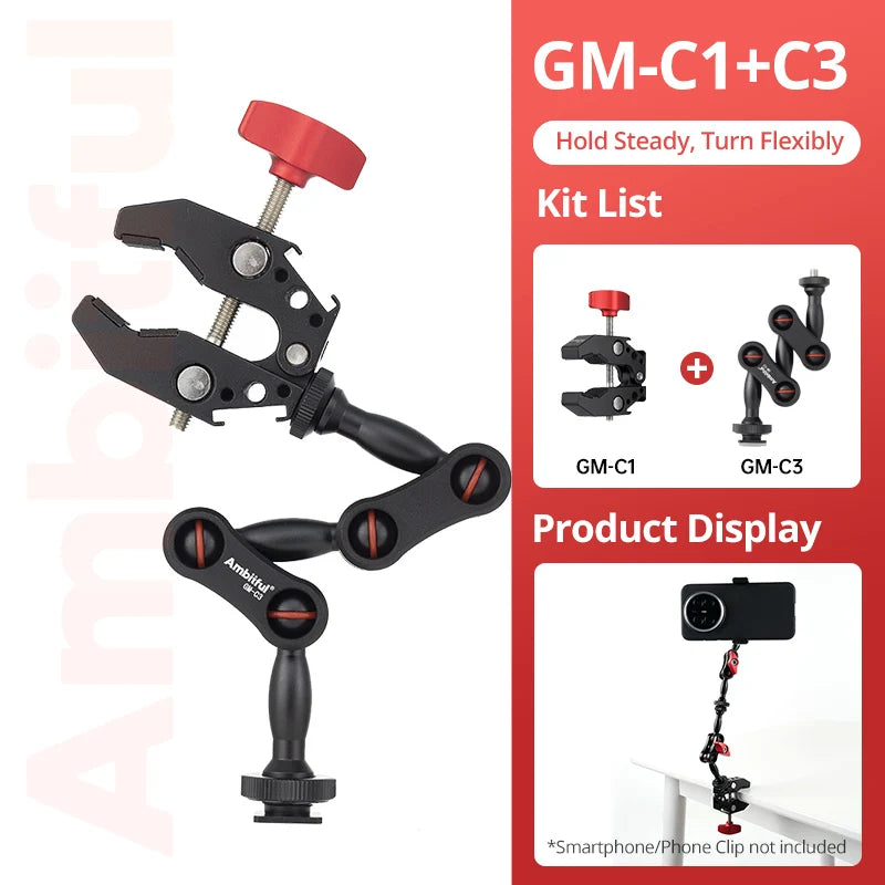 AMBITFUL 360° Double Ballhead Magic Arm With Super Clamp Kit 1/4" Screw Ball Head Adapter For Monitor LED Light Camera