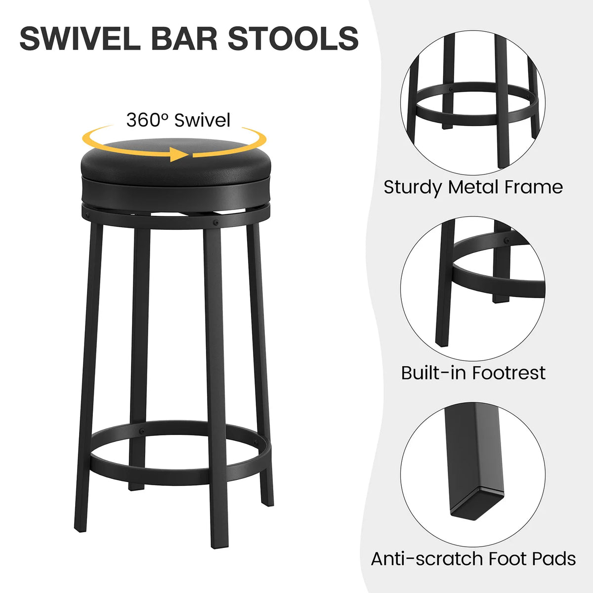 24'' Swivel Bar Stools Backless Modern Counter Height Barstools with PU Leather Upholstered and Metal Frame for Kitchen Island