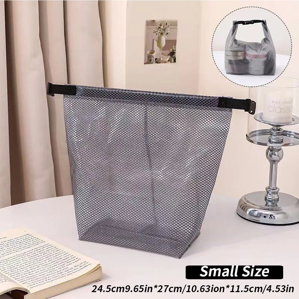 Waterproof Mesh Toiletry Bag, Drawstring Cosmetic Organizer with Quick-Release Buckle, Transparent Pouch for Travel, Gym, and Ba