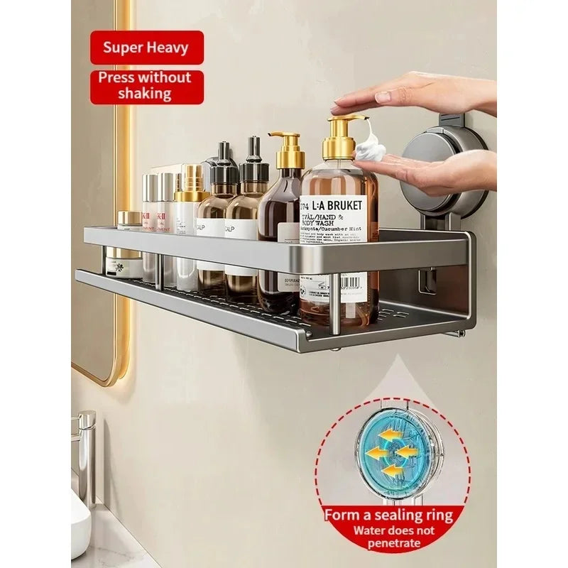 No Drill Bathroom Shelf with Suction Cup Waterproof Aluminum Storage Rack Shower Organizer for Shampoo Soap Toiletries