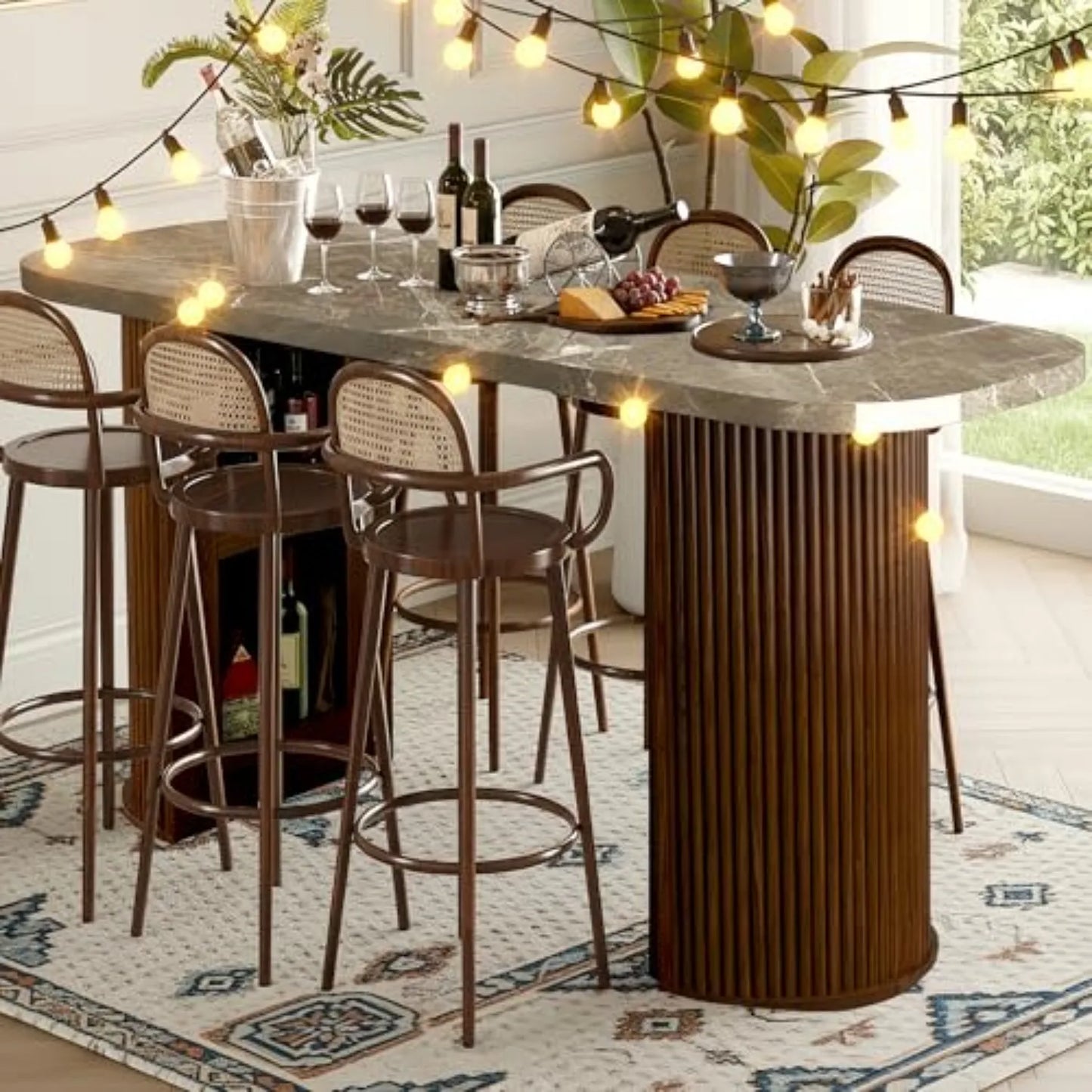 Fluted Counter Height Bar Table, 64in Home Bar Unit, High Top Table 2-6 Person Counter with Storage Marble Finish Tall