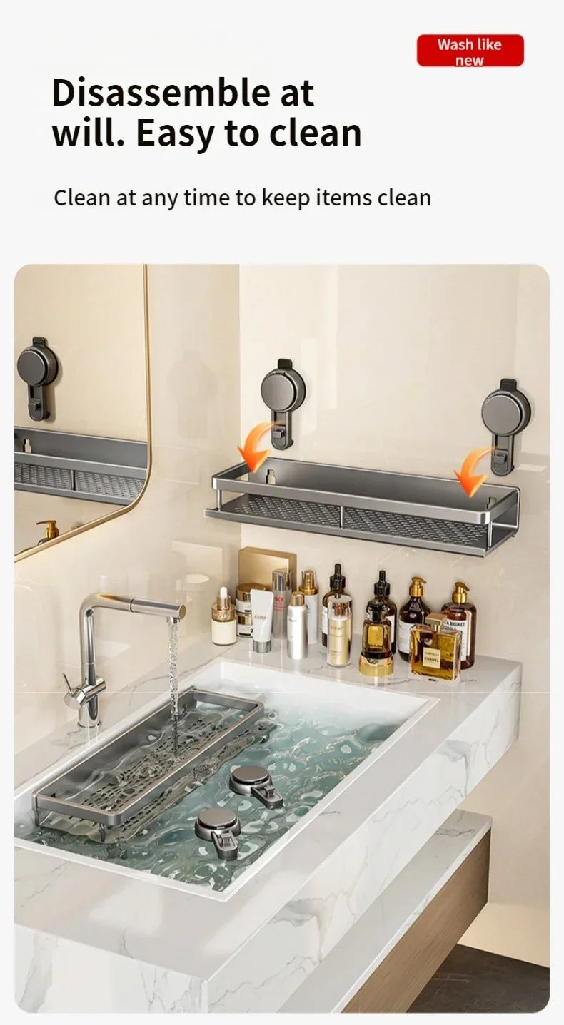 No Drill Bathroom Shelf with Suction Cup Waterproof Aluminum Storage Rack Shower Organizer for Shampoo Soap Toiletries