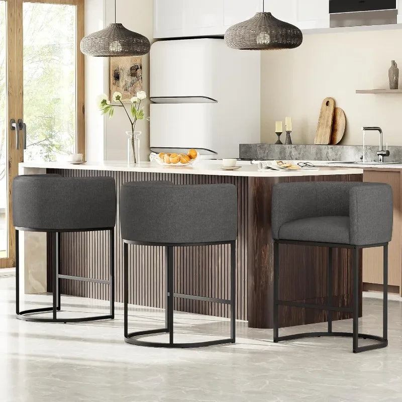 26" H Counter Height Bar Stools Modern Barrel Counter Stools with Backrest and Arms, Linen Fabric Upholstered Accent Barstools