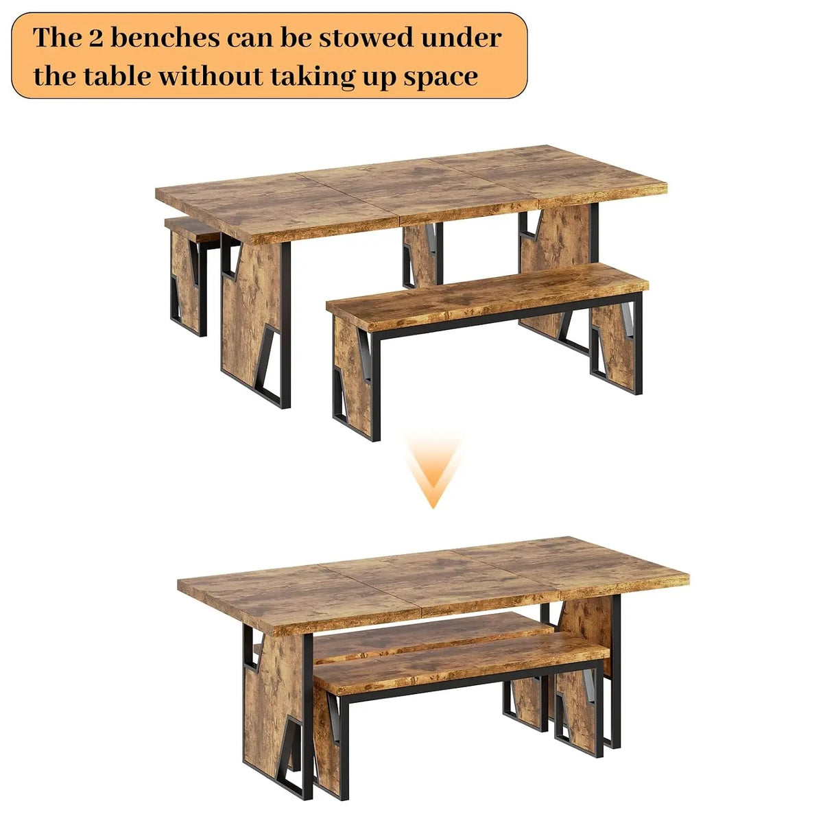 70.8" Wooden Dining Table with 2 Benches, Modern Set for 4-6 Person, Thickened  Table with Bench for Dining Room, Kitchen