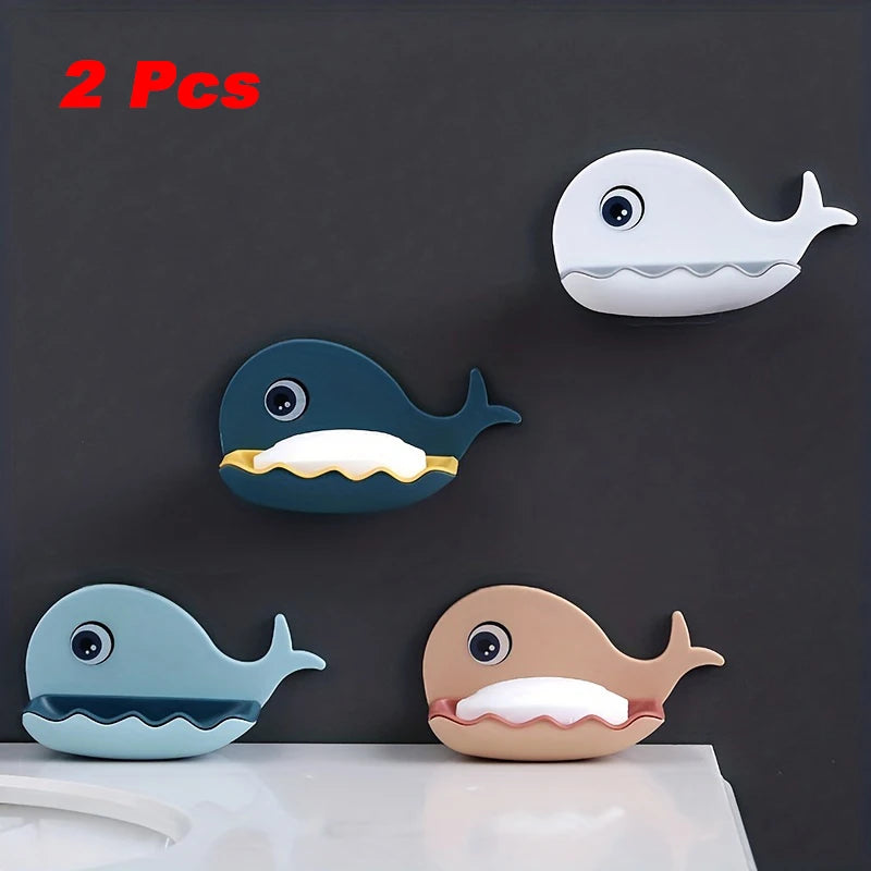 2 Pcs No-Drill Adhesive Soap Dish, Creative Whale-Shaped Soap Holder with Drainage for Bathroom & Showera