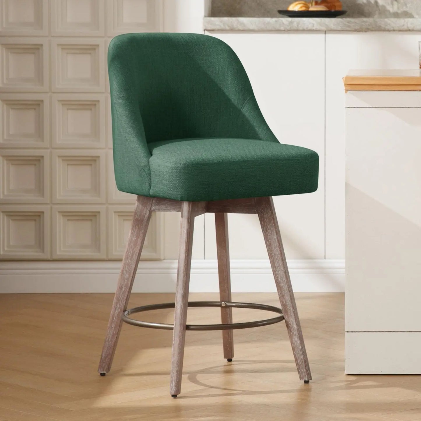 Bekrvio Counter Height Bar Stools Set of 3, Modern Mid-Century Swivel Barstools with Backs and Wood Legs, Linen Fabric