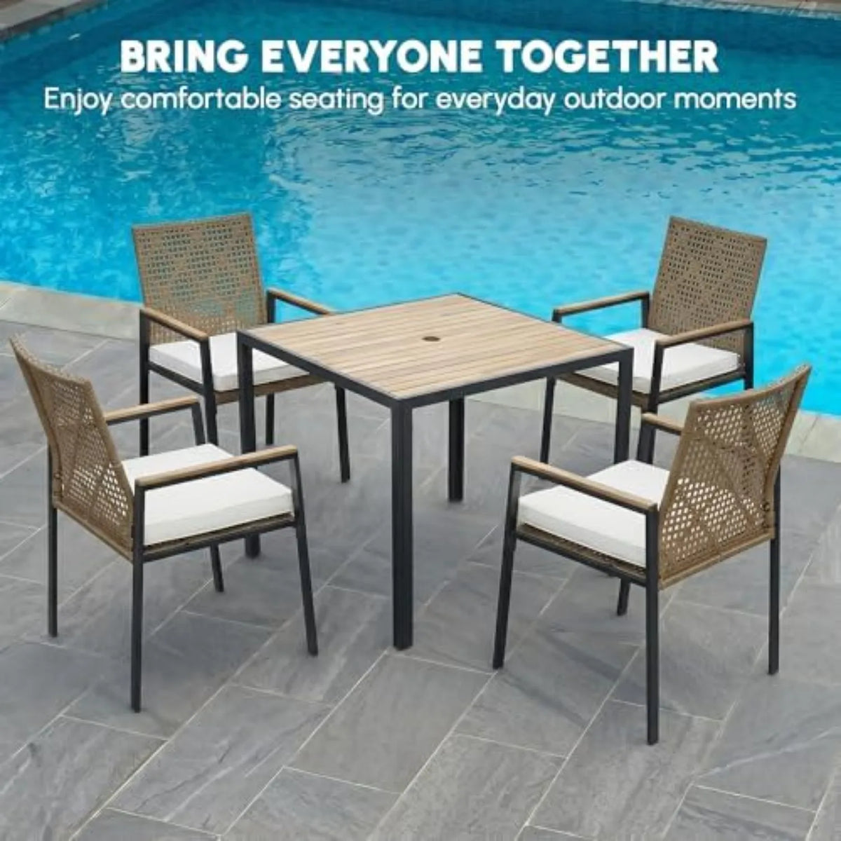 5-Pcs Rattan Patio Furniture Dining Set, Acacia Wood Table, Brown | Metal frame outdoor set with PE rattan cushioned