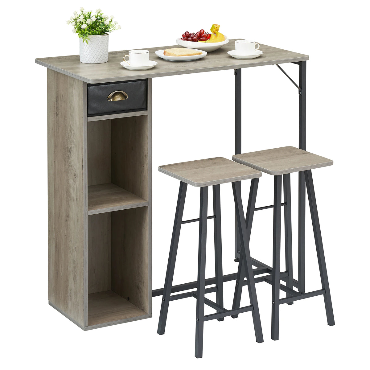 Versatile 3 Piece Dining Table Set with Storage Drawer & 3-Tier Shelf,Counter Height Table and 2 Barstools,Space-Saving