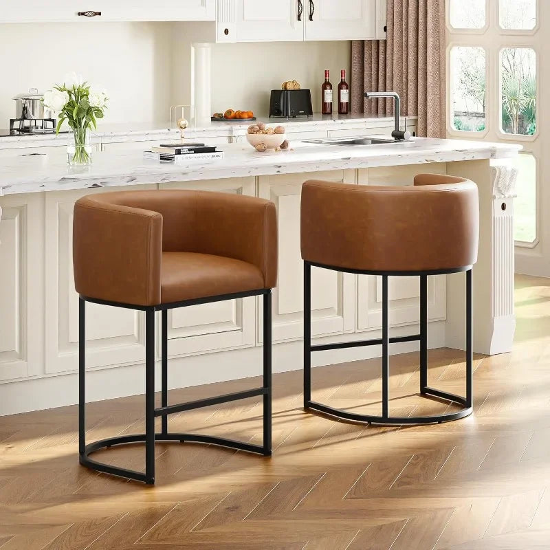 26" H Counter Height Bar Stools Modern Barrel Counter Stools with Backrest and Arms, Linen Fabric Upholstered Accent Barstools