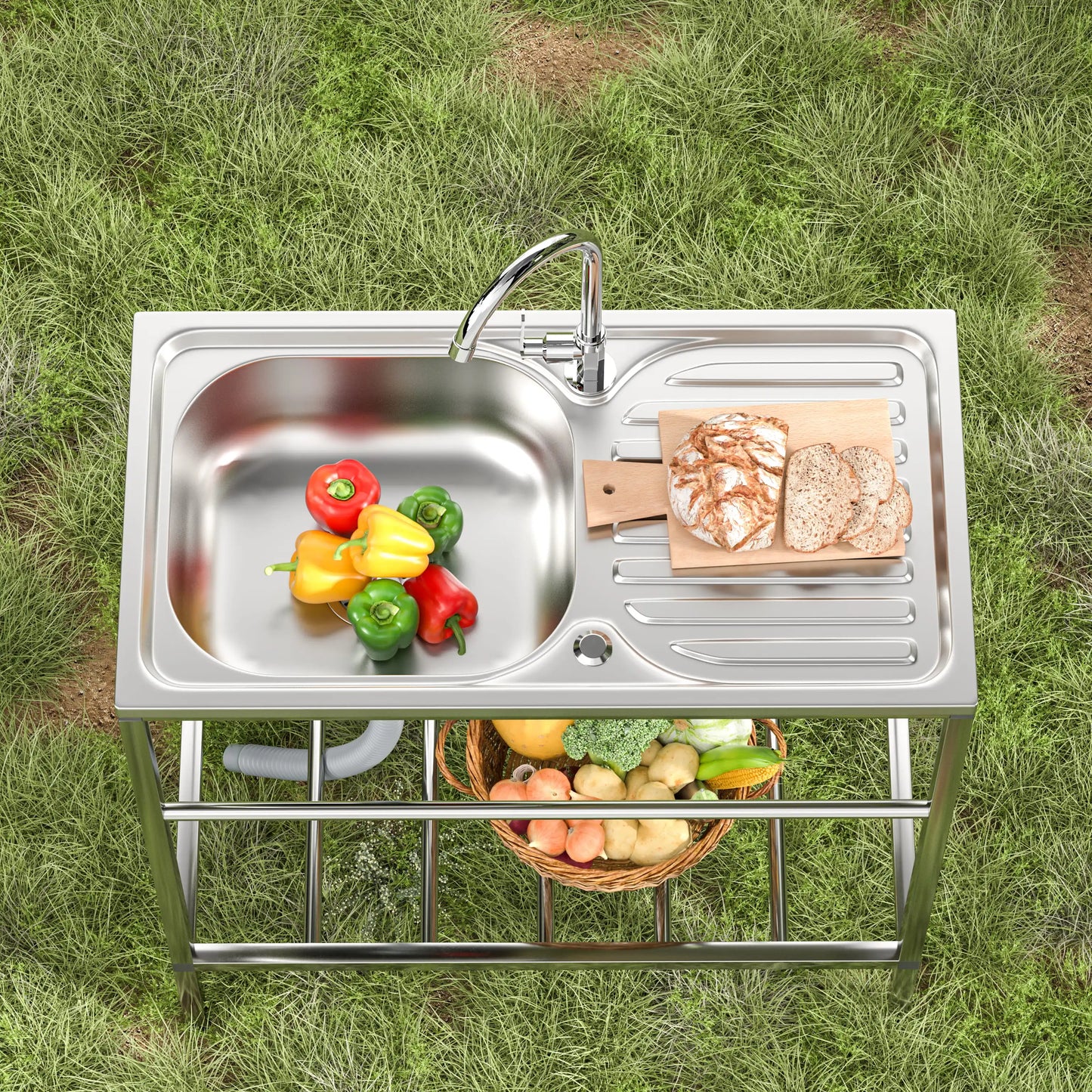 Utility Sink Set Freestanding Single Bowl Laundry Sink Commercial Restaurant Kitchen Outdoor Sink with Workbench Faucet Storage