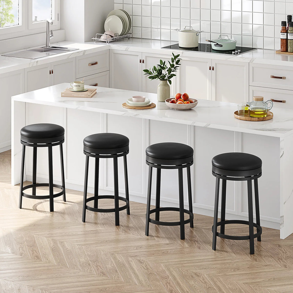 24'' Swivel Bar Stools Backless Modern Counter Height Barstools with PU Leather Upholstered and Metal Frame for Kitchen Island