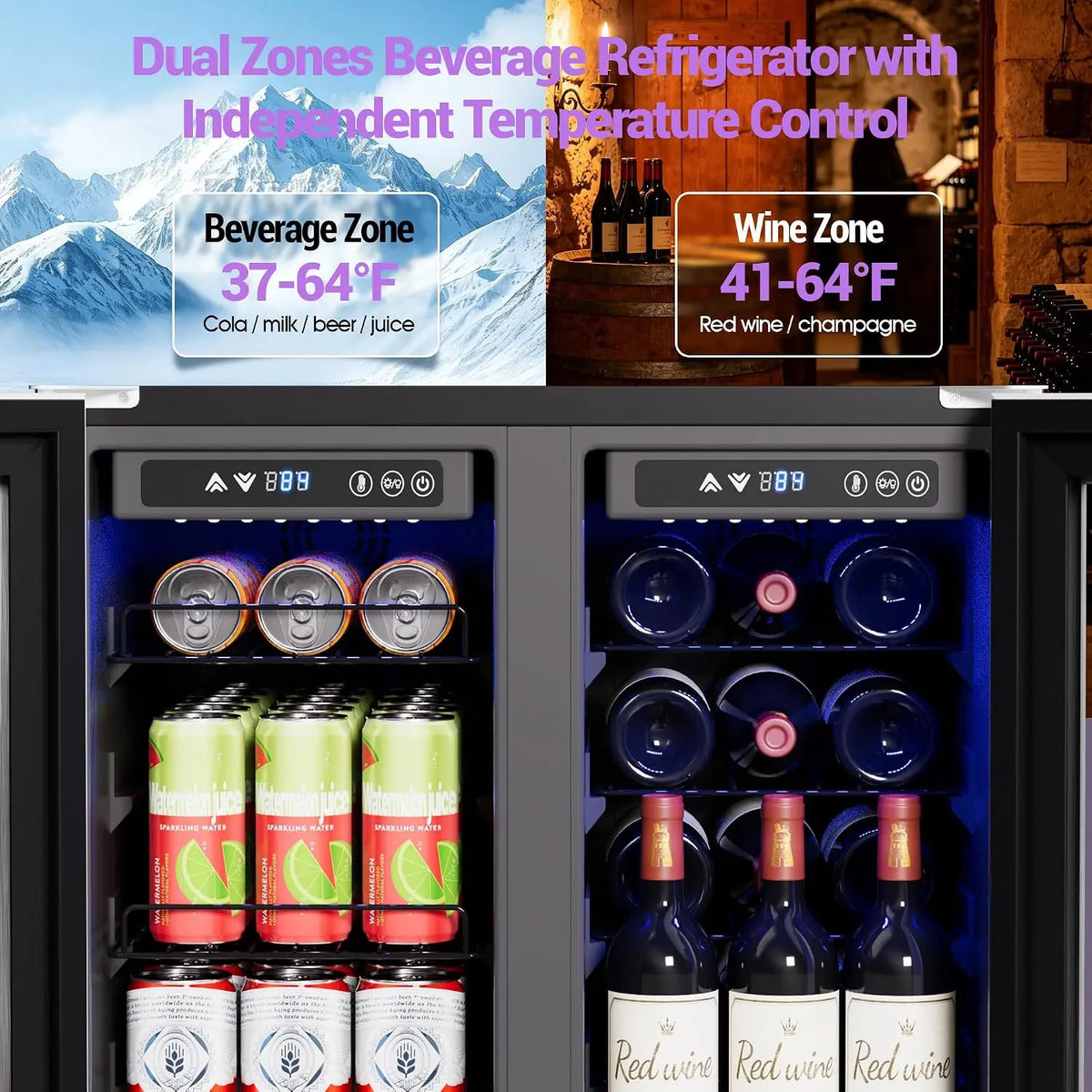 24 Inch 5.2 Cu.Ft Dual Zone Wine and Beverage Refrigerator With Glass Door | Built-in & Freestanding Beverage, Customized