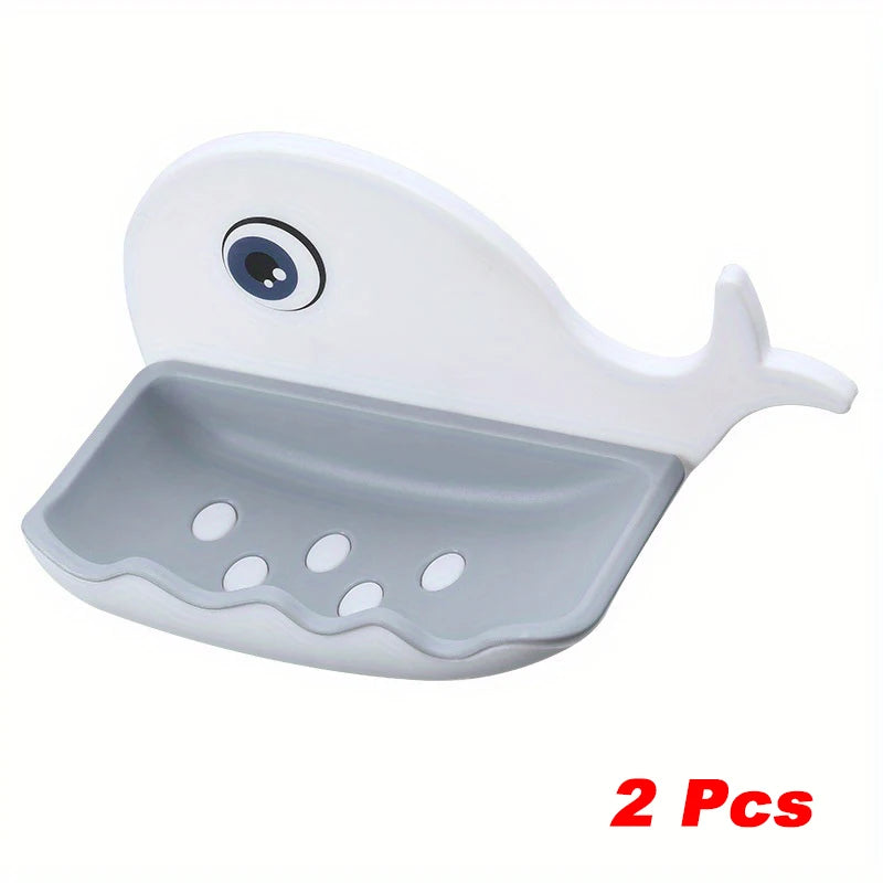 2 Pcs No-Drill Adhesive Soap Dish, Creative Whale-Shaped Soap Holder with Drainage for Bathroom & Showera