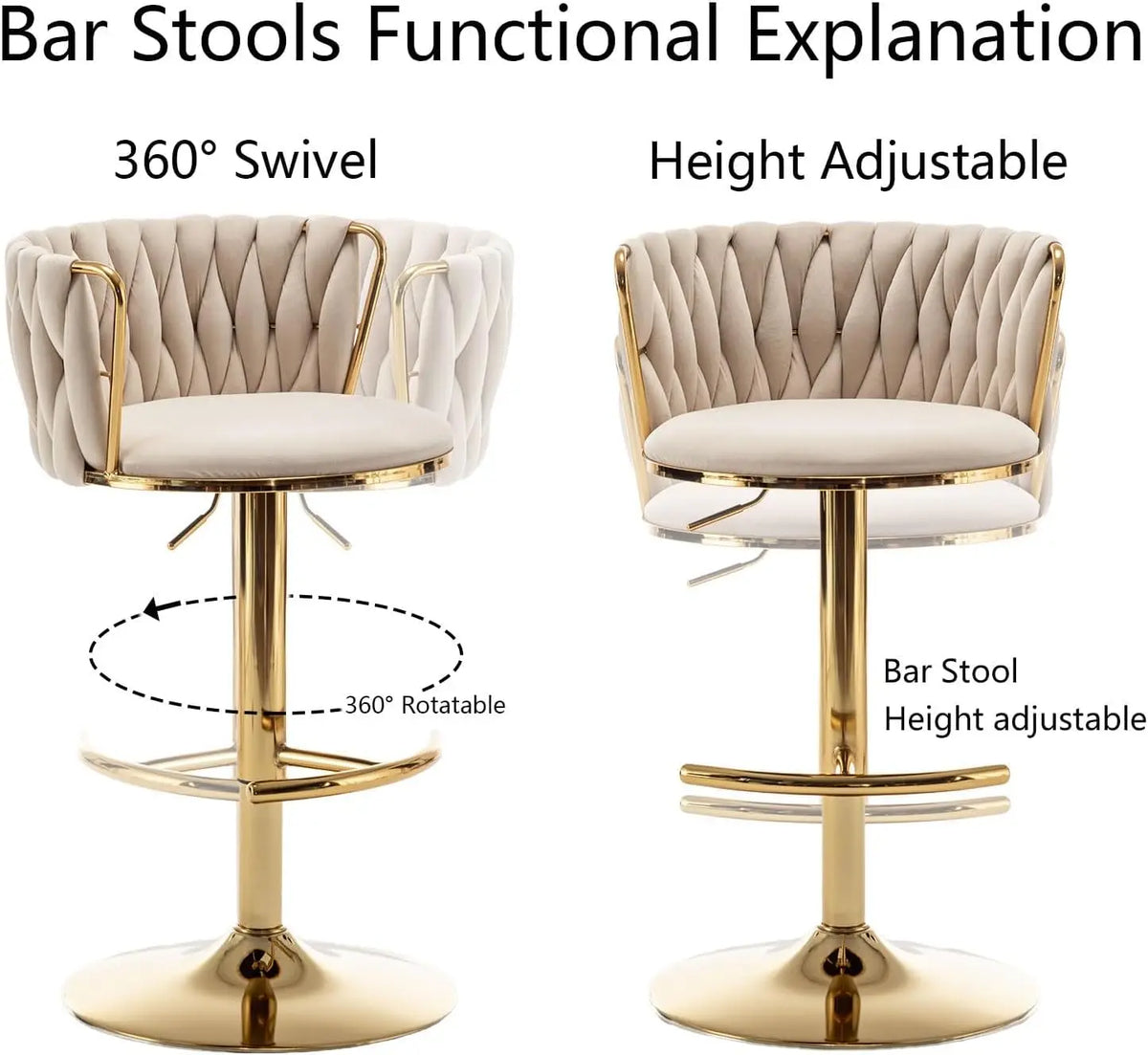 Gold Velvet Bar Stools Set of 3, Swivel Counter Height Bar Stools with Back, Adjustable Woven Barstools for Kitchen, Customized