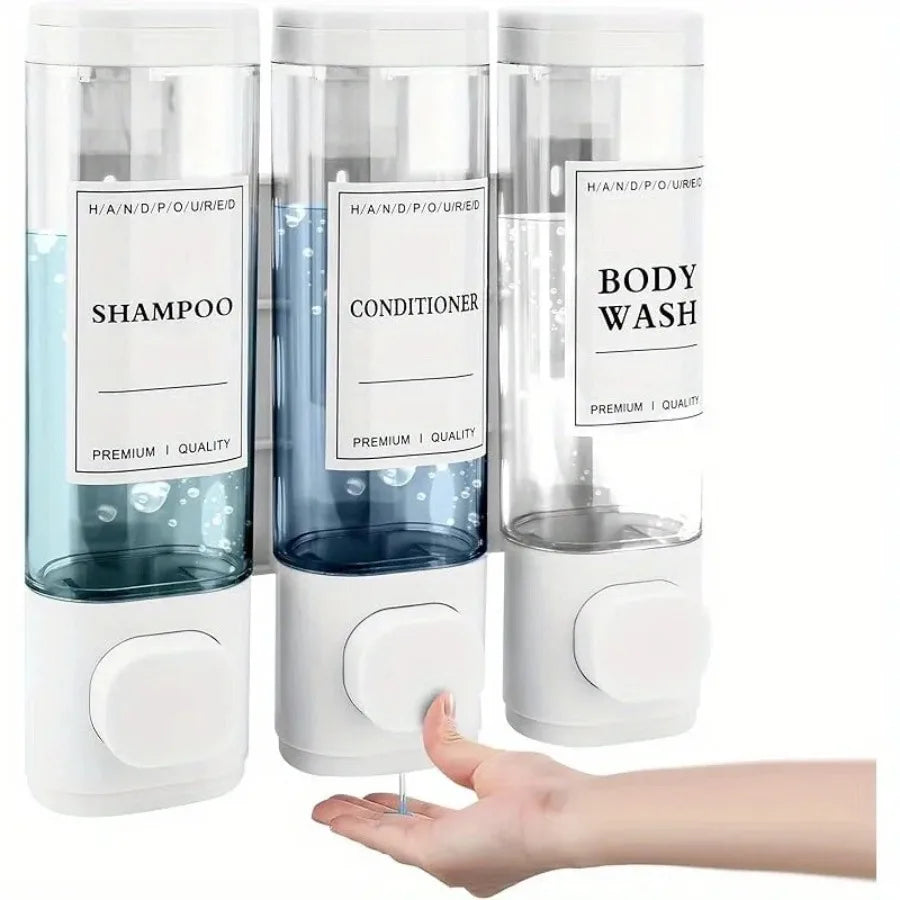 Wall Mounted 3 in 1 Soap Shower Gel Shampoo Conditioner Dispenser Set No Drill Required ABS Material for Bathroom Hotel Home