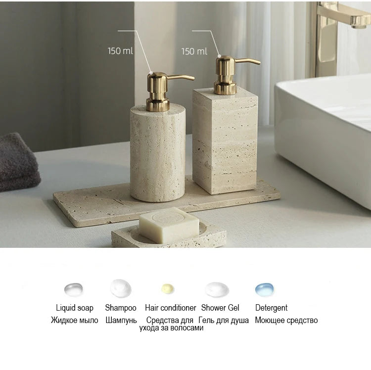 Travertine Bathroom Accessories Set Luxury Soap Dish Soap Dispenser Reed Diffuser Tissue Box Tray Bathroom Set