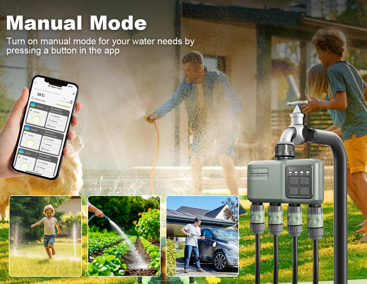4 Outlet Programmable Water Timer for Garden Hose, with Rain Delay/Automatic Watering System, Digital Irrigation for Yard, Lawn