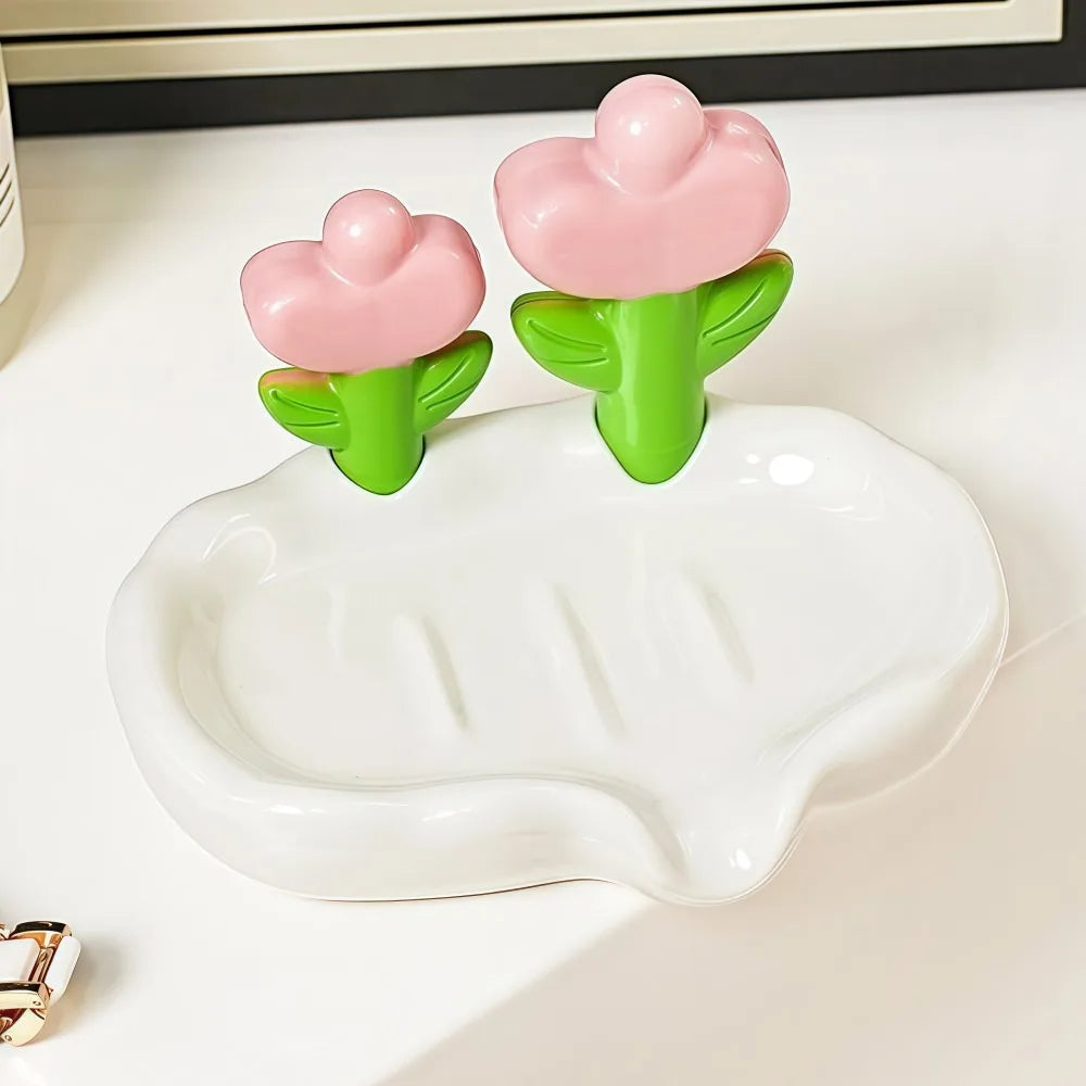 Tulip Design Drain Soap Dish No Drilling Required with Drainage Trough Soap Tray Solid Color Anti-slip Soap Storage Rack