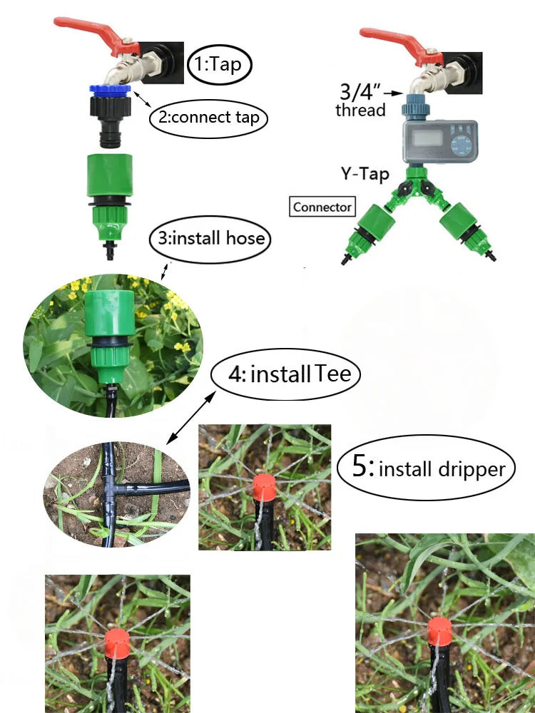 5-50M Automatic Garden Watering System DIY Timer Water Drip Irrigation System Plant Watering Kit Red Drippers Set