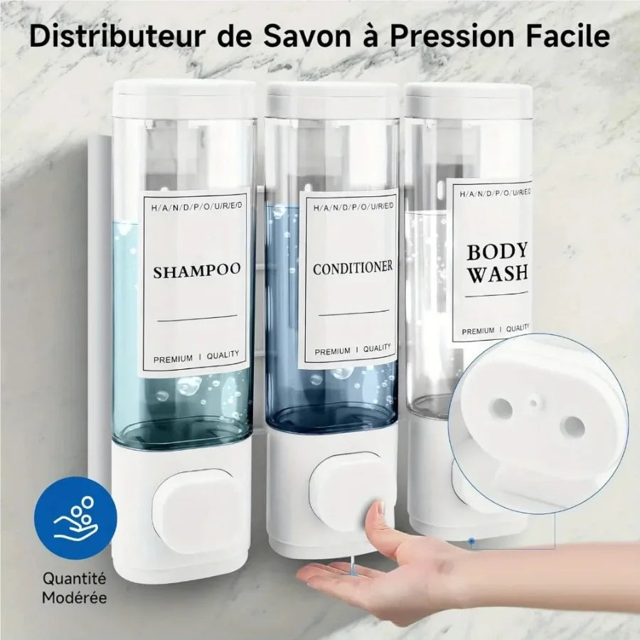 Wall Mounted 3 in 1 Soap Shower Gel Shampoo Conditioner Dispenser Set No Drill Required ABS Material for Bathroom Hotel Home