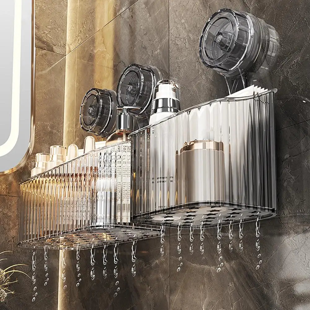 No Drill Suction Cup Shower Shelf - Transparent Bathroom Organizer Basket, Quick-Install Storage for Cosmetics & Toiletries