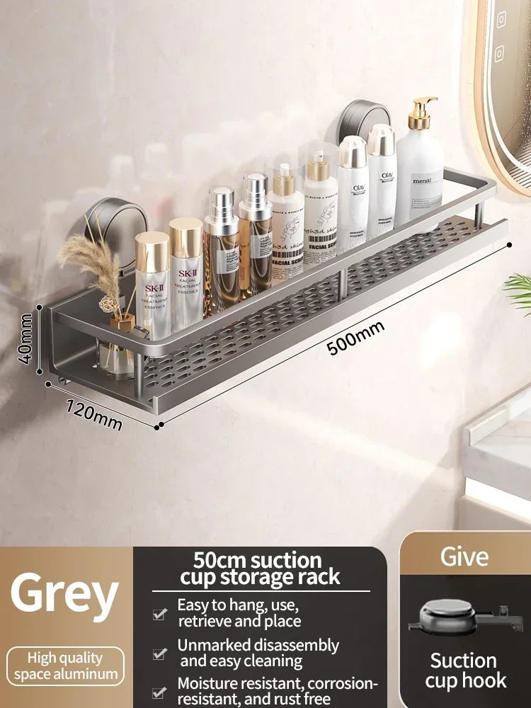No Drill Bathroom Shelf with Suction Cup Waterproof Aluminum Storage Rack Shower Organizer for Shampoo Soap Toiletries